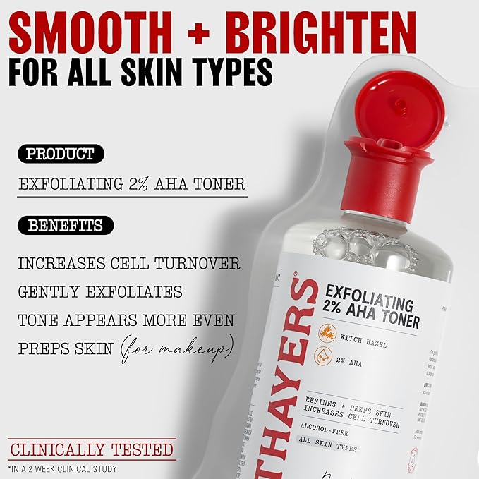 Thayers 2% AHA Exfoliating and Brightening Toner with Glycolic Acid, Lactic Acid and Witch Hazel, Smoothing and Pore Refining Skin Care for All Skin Types, 12 Fl Oz