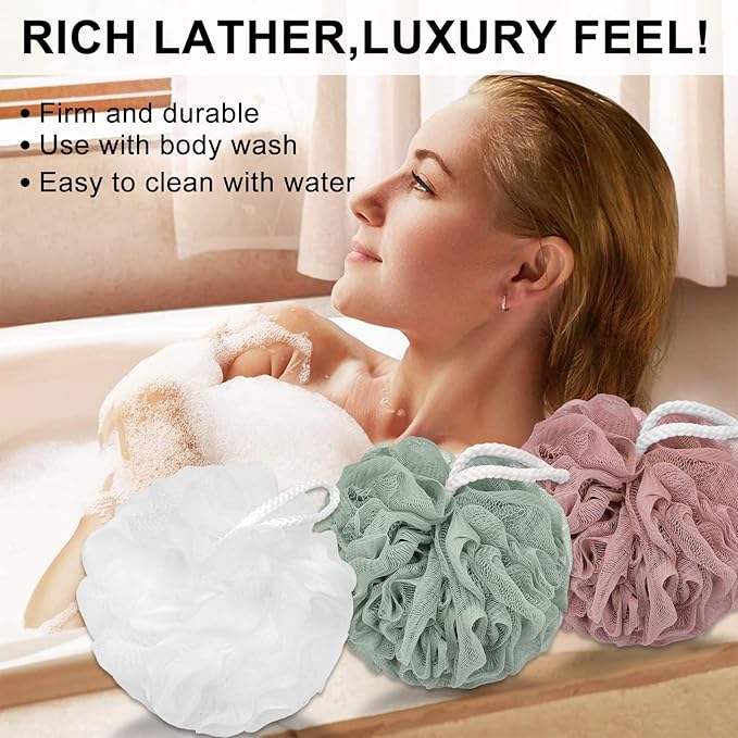 Loofah Charcoal Bath Shower Sponge Body Scrubber,75g Exfoliate Mesh Pouf Shower Bouquet,3 Pack Large Bath Sponge for Women and Men（White Pink Green）