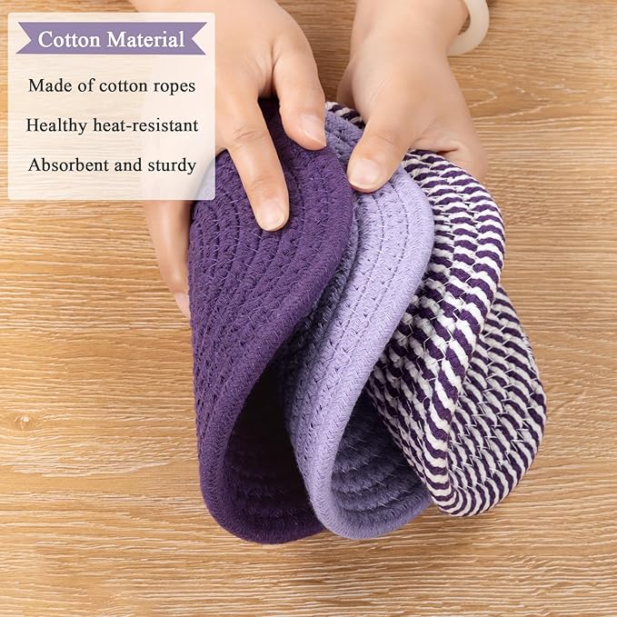 SHACOS 8 Inches Trivets for Hot Dishes, 4 Pieces Cotton Trivets Mats for Kitchen, Hot Pads for Countertops and Table, Heat-Resistant Pot Holders for Hot Pots and Pans(Purple, 4pcs)