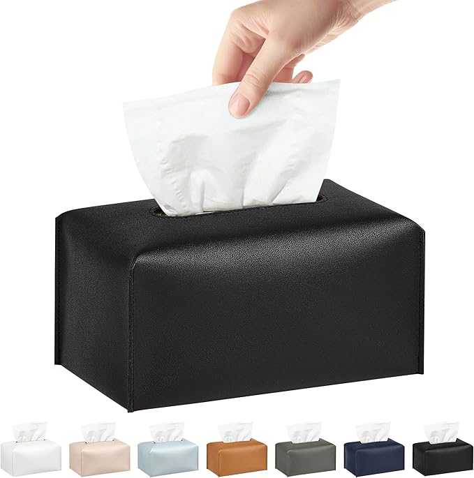 Long Tissue Box Cover, PU Leather Tissue Holder Rectangle, Facial Paper Organizer, Modern Dispenser for Bathroom, Kitchen, Home, Office, Tabletop (1, Black, Short)