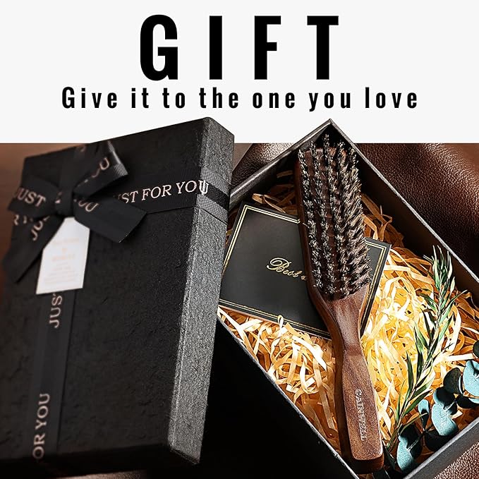 GAINWELL Mens Hair Brush Beard Comb Set, Slick Back Boar Bristle Hair Brush with Stiff Bristles for Thick Hair, Natural Black Walnut Gold Sandalwood Handle, Beard Mustache Brushes Comb Kit