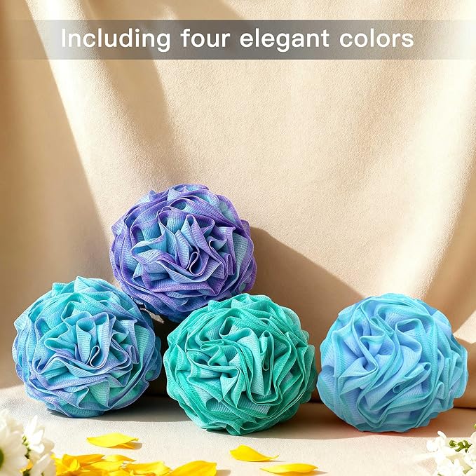 Loofah Sponge 70g, 6.3 Inch Large Exfoliating Bath Sponge, Soft Durable PE Mesh with Reinforced Knotting, Rich Lather Bath Scrubber for Body, for Travel or as a Holiday Gift (4Pack, Green-Blue)
