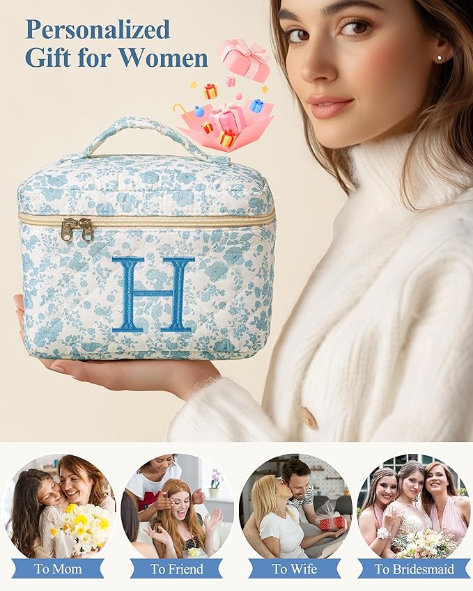 HBselect Initial Quilted Makeup Bag, Cotton Large Travel Makeup Bag, Cute Floral Coquette Make up Bag Cosmetic Bag Toiletry Bag for Women Girls H