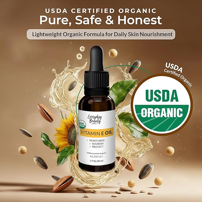 Organic Vitamin E Oil – Certified Organic Blend of Vitamin E - Deeply Hydrating Care for Face, Skin, Hair, Scars – Antioxidant-Rich, Fragrance-Free, and Gentle on Skin - 1 Fl Oz Glass Dropper & Bottle