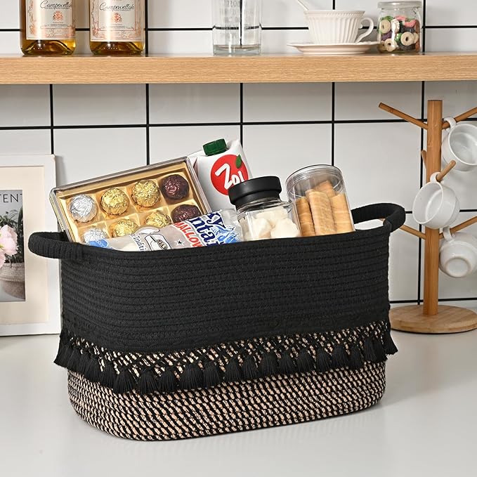 3 Pack Storage Basket for Shelves, Boho Cotton Rope Storage Bins with Heavy Tassel, Shelf Baskets Large Woven Baskets for Organizing, Cube Organizer Bins, Baby Laundry Basket for Clothes, Toys, Pets