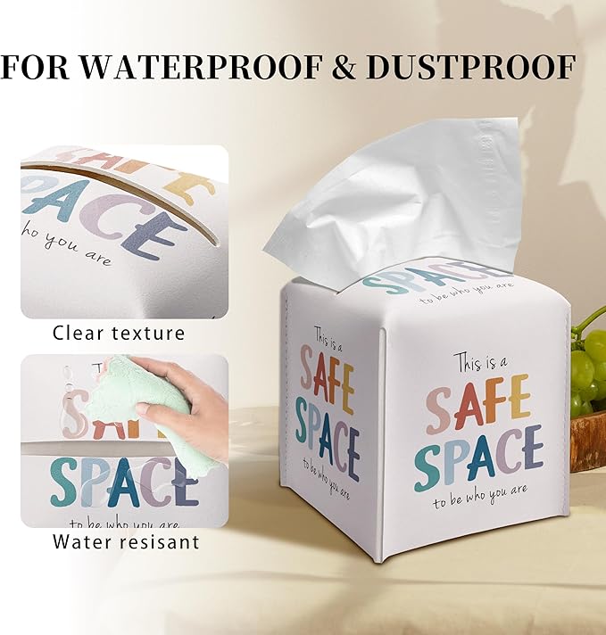 Grace Yonks Cute Tissue Box Cover Square - “This is a Safe Space” Affirmation Design 5.2" PU Leather Holder for Vanity, Desk, or Bathroom Counter - Cube Case for Facial Tissues(019)