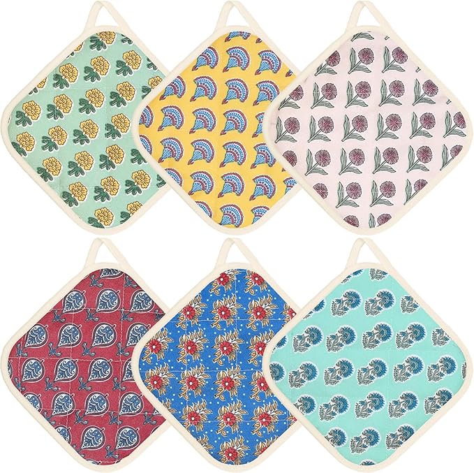 6 Pack Pot Holders 100% Cotton Heat Resistant Potholder, Machine Washable Pot Holder, Hot Pads, Table Pads for Cooking Baking (O)