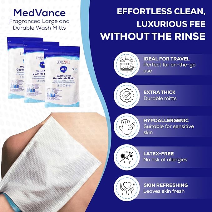 MedVance Fragranced Large and Durable Wash Mitts | Rinse Free Microwaveable Adult Bed Bath Durable Skin Cleansing Cloths | Wet Wash Gloves | Incontinence Wash Cloths | 24 Count