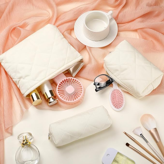 Paterr 3 Pcs Quilted Makeup Bag Set Small Bridesmaid Cosmetic Bag Aesthetic Travel Toiletry Pouch Cute Purse Pencil Case Makeup Storage Organizer for Women Birthday Gifts(Cotton,Beige)
