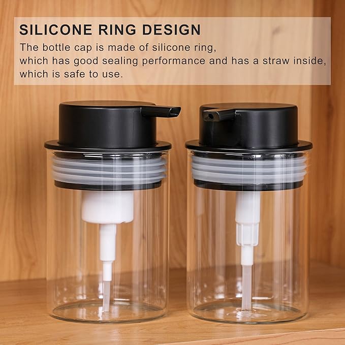 Clear Glass Foam Soap Dispenser, 10 Oz Hand Liquid Bottles with Rust Proof Plastic Pump, Refillable Round Foaming Lotion Dispensing for Kitchen Sink & Bathroom Counter Decorative