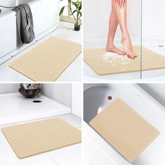 LuxStep Shower Mat Bathtub Mat,40x16 inch, Non-Slip Bath Mat with Drain, Quick Drying PVC Loofah Bathmat for Tub,Shower,Bathroom,Khaki