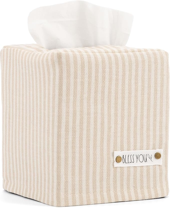 Stylish Tissue Box Cover - This Beige Striped Linen Holder Instantly Covers Your Square Tissue Boxes - The Perfect Cube Cover for Your Bathroom and Home