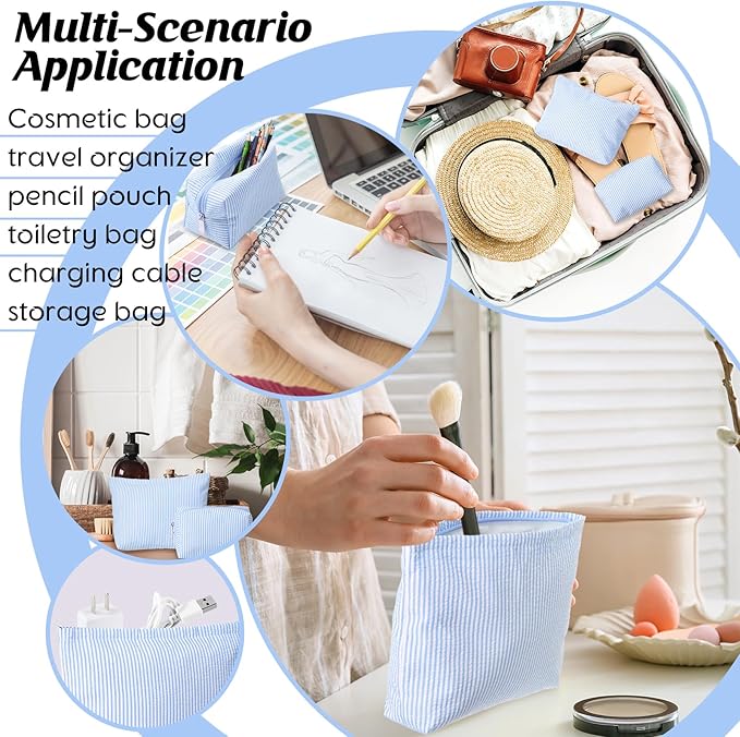 2 Pcs Makeup Bag Set Cute Cosmetic Pouch for Women Seersucker Travel Toiletry Bag Preppy Small Makeup Purse Pouch Aesthetic Skincare Brushes Storage Organizer for Valentine Women(Blue)