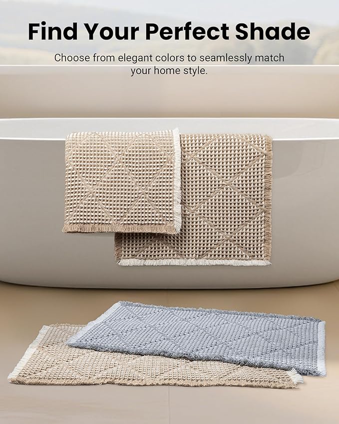 Waffle Bath Mat Set, Non Slip Bathroom Rugs Sets 2 Piece, Ultra Absorbent Long Bath Rug Runner for Bathroom Boho Chic Decor, Machine Washable Floor Mats, Brown & White, 20"×47" Plus 18"×30"
