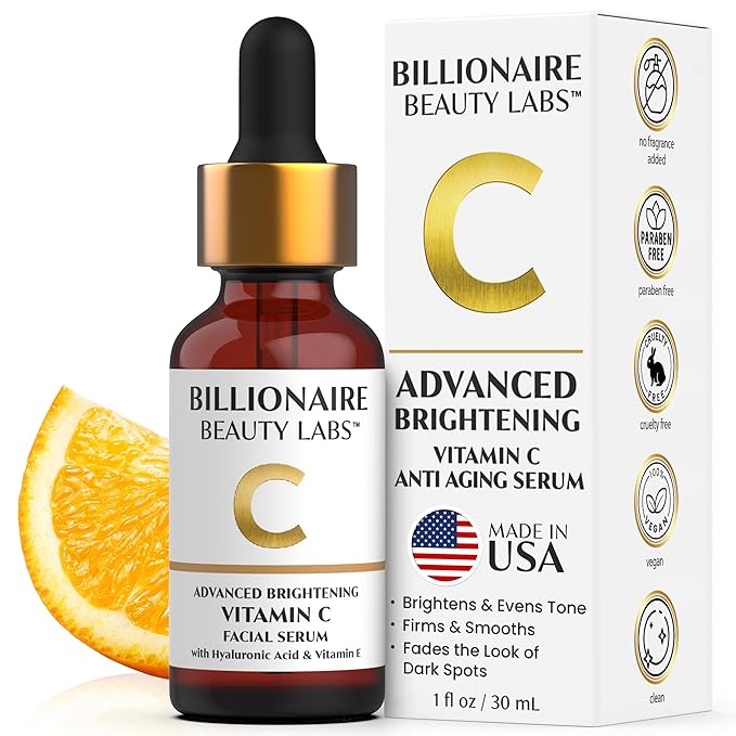 Billionaire Beauty Labs Vitamin C Serum for Face - Anti Aging Brightening Serum with Hyaluronic Acid & Vitamin E - Hydrating Facial Serum for Radiance, Fine Lines & Wrinkles - Made in USA 1 fl oz