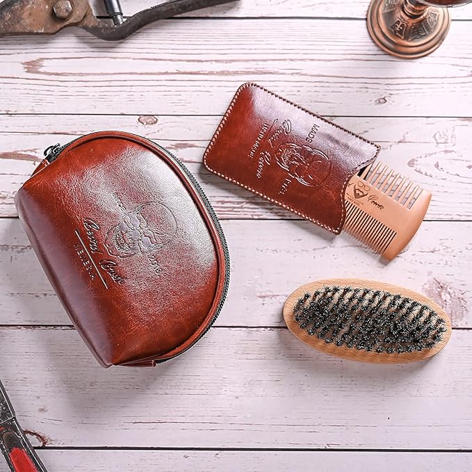 Beard Brush and Comb Set, Boar Bristle Hair Beard Brush Kit with Small Leather Travel Toiletry Bag Case for Men, Include Men's Wooden Mustache Comb