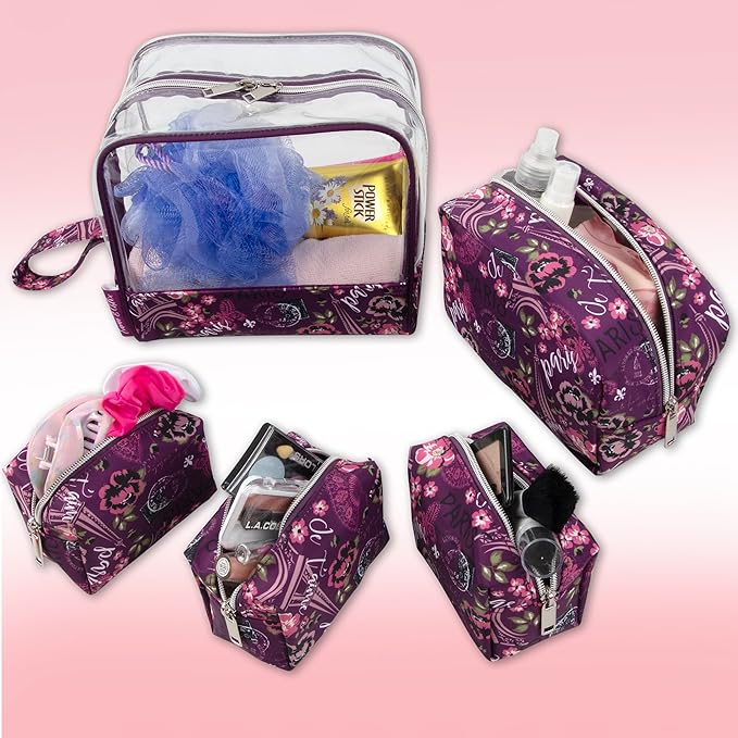 Emma & Chloe Travel Toiletry Bags for Women, 5 Piece Waterproof Cosmetic Case, Bag, Pouch Makeup Organizer Set for Women, Home Counters (Je T'aime Paris)