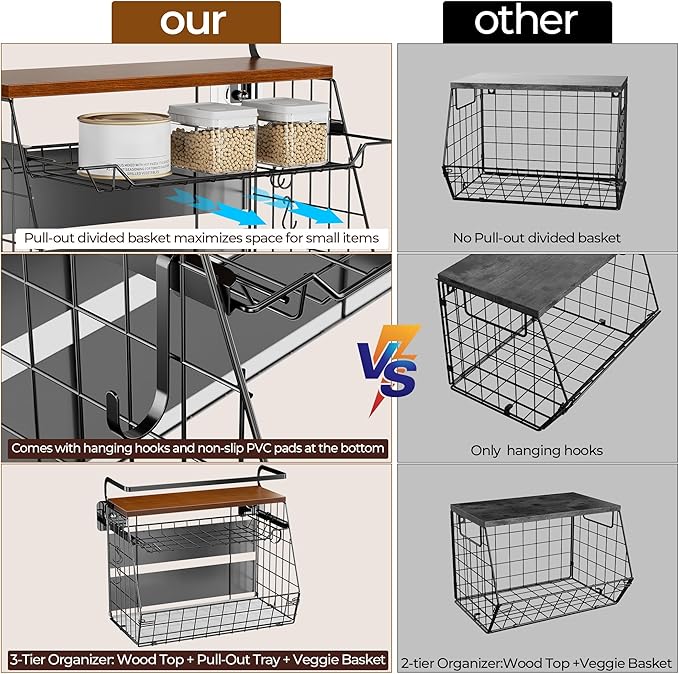 Delamu Magnetic Shelf for Fridge with Wood Lid, 3 Tier Pull Out Fruit Basket, Pantry Organizers for Refrigerator, Cabinet, Kitchen Counter, Laundry (1 Pack)