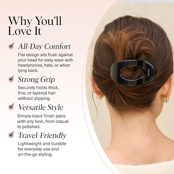 Kitsch Medium Flat Claw Clips for Women - Stylish Flat Hair Clips, Strong Hold for Thick & Fine Hair | Non-Slip for Secure, Comfortable All-Day Wear | Ideal Gifts for Women - Black
