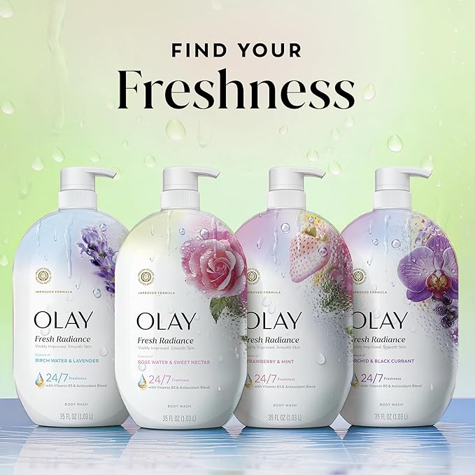 Olay Body Wash for Women, Fresh Radiance, 24/7 Skin-Loving Freshness, Visibly Radiant, Plant Based Cleansers, Vitamin B3 & Antioxidant Blend, All Skin Types, Rose Water & Sweet Nectar Scent, 35 fl oz