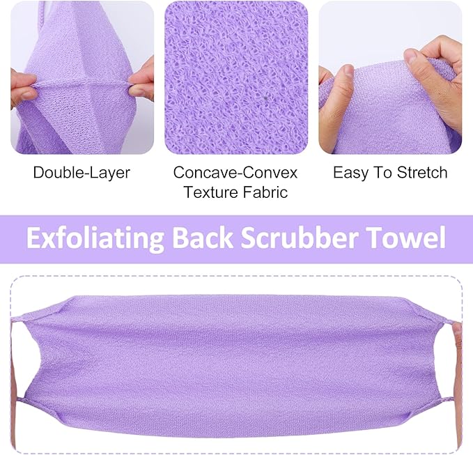 4PCS Exfoliating Back Scrubber with Handles, Nylon Double-Sided Exfoliator Extended Length Stretchable Body Exfoliating Washcloth Pull Strap Back Washer for Women Men