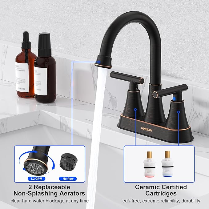 Bathroom Faucets for Sink 3 Hole, Hurran 4 inch Oil Rubbed Bronze Bathroom Sink Faucet with Pop-up Drain and Supply Hoses, Stainless Steel Lead-Free Centerset Faucets for Vanity RV, 2 Pack