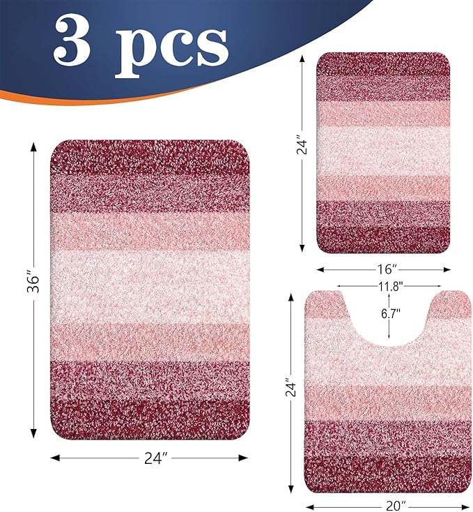 OLANLY Bathroom Rugs Sets 3 Piece, Soft Absorbent Microfiber Bath Mats and U-Shaped Contour Toilet Rug, Plush Shaggy Bath Mat Set for Bathroom (36"x24"+24"x16"+24"x20", Red)