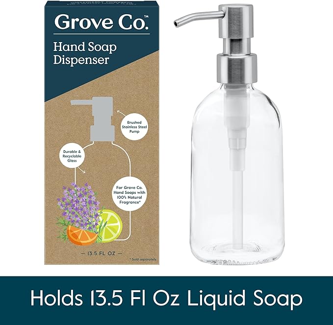 Grove Co. Gel Hand Soap Dispenser (13.5 Oz) 2 x Refillable Glass Bottles with Stainless Steel Pump, Reusable Liquid Soap Refill Set, Square Base, Reduce Plastic Waste Bundle
