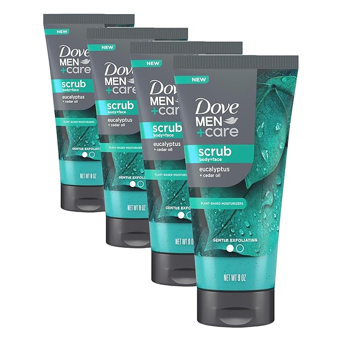 DOVE MEN + CARE Body and Face Scrub Eucalyptus Deeply Exfoliates for Hydrated & Nourished Skin 100% Gentle Cleanser, No Sulfate Cleansers or Parabens 9 oz (Pack of 4)