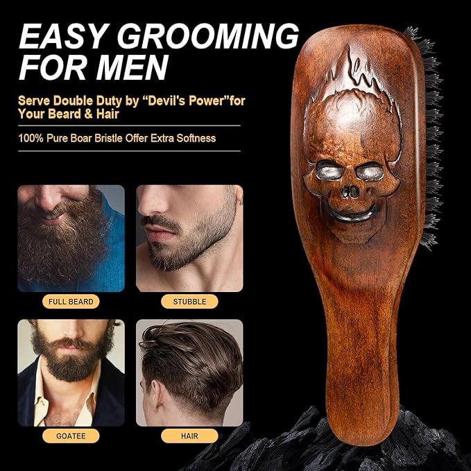 Eagle Fortress Boar Bristle Hair Brush for Men Hair Care - Beard Brush, Mustache Brush with Skull on Wooden Handle, Grooming & Styling Tool for Men, Standard Size