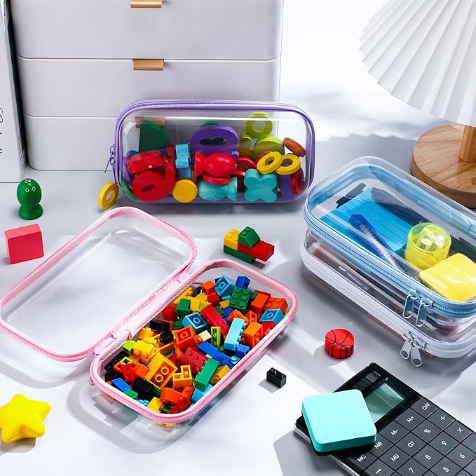 Hoolerry 4 Pcs Hard Clear Zipper Case Makeup Bags Plastic Zipper Pouch Transparent Storage Box Containers for Cosmetics, Snacks, Building Blocks, Puzzles(Clear,7.5 x 3.9 x 2 in,Multicolor)