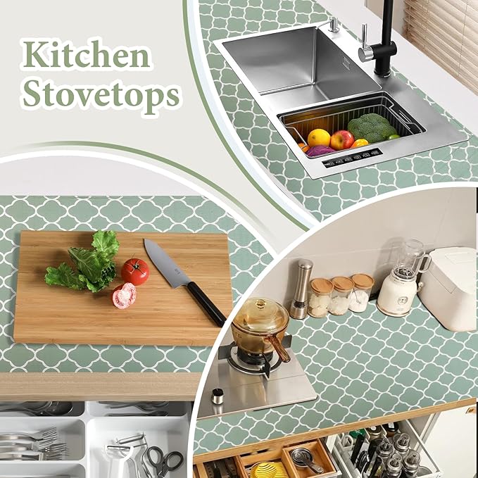Shelf Liners for Kitchen Cabinets Non Adhesive Drawer Liner 23.6in x 20FT Light Green Quatrefoil Thickened Shelf Liner Strong Non-Slip Easy to Clean Tool Box Refrigerator with Knife and Tape Measure