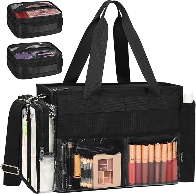 TANTO Travel Makeup Bag, Professional Makeup Artist Bag Tote Bags with 2*bag Extra Large Hair Stylist Travelling Duffle Bag Cosmetic Organizer with Dividers, Gifts for Makeup Beauty Lover (Black