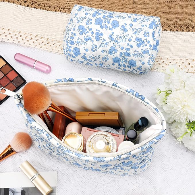 2Pcs Small Makeup Bag Quilted Cosmetic Bag Flower Pencil Case Travel Makeup Bag Set for Women Cute Cosmetic Pouch Aesthetic Cotton Toiletry Organizer Storage Bags Puffy Zipper Pouch Christmas Gifts A