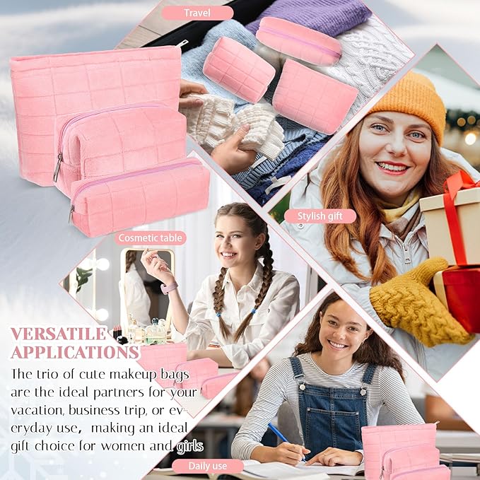 3 Pcs Puffy Makeup Bag Set Quilted Plush Emergency Pouch for Women Cute Checkered Travel Toiletry Bag Puffer Aesthetic Makeup Organizer Cosmetic Purse Pouch Preppy Pencil Case(Pink)