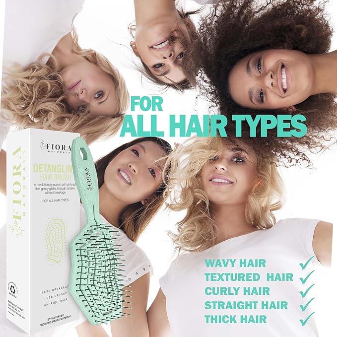 Fiora Naturals Hair Detangling Brush for Women - Detangler Hair Brush w/Flexible Soft Bristles- Gently Glides Through Tangles - Curly, Fine, Dry and Shower Wet HairBrush, cepillo para cabello - Green