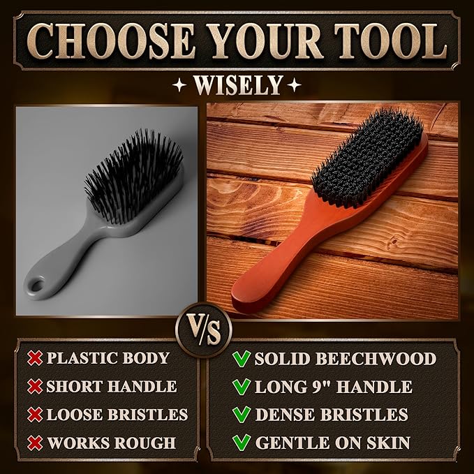 Mens Beard Brush with Handle – Soft Boar Bristle Beard Brush for Men, 9" Wooden Design for Beards, Mustaches & Slick Back Hair – Comfortable Grip, Styling Control, for Daily Grooming & Barbershop Use