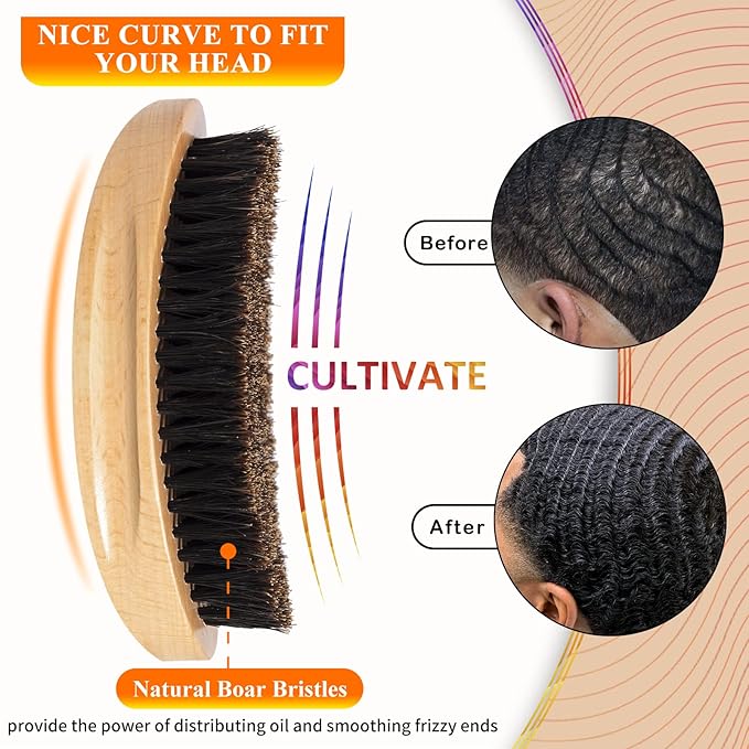 Wave Brush for Men - Beech Wood & Black Boar Bristle Brush for Cultivating Beards, Hair Waves, and Wolfing