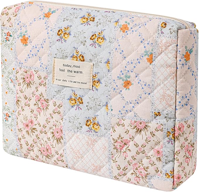 uekeboag Quilted Cotton Makeup Bag,Coquette Quilted Toiletry Bag for Women and Girls,Floral Coquette Pouch,Cute Kawaii Travel Cosmetic Bags(03 Pink Flower)