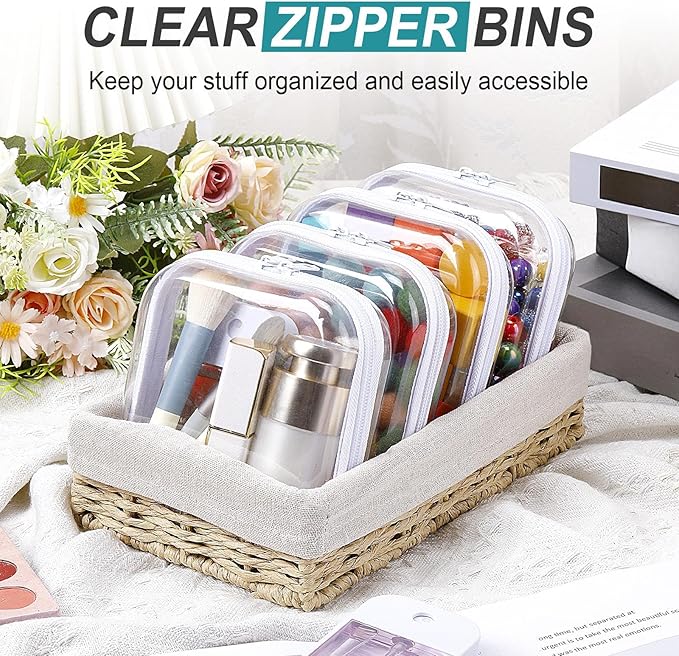 Hoolerry 4 Pcs Hard Clear Zipper Case Makeup Bags Plastic Zipper Pouch Transparent Storage Box Containers for Cosmetics, Snacks, Building Blocks, Puzzles(Clear,5 x 5 x 2 in,White)