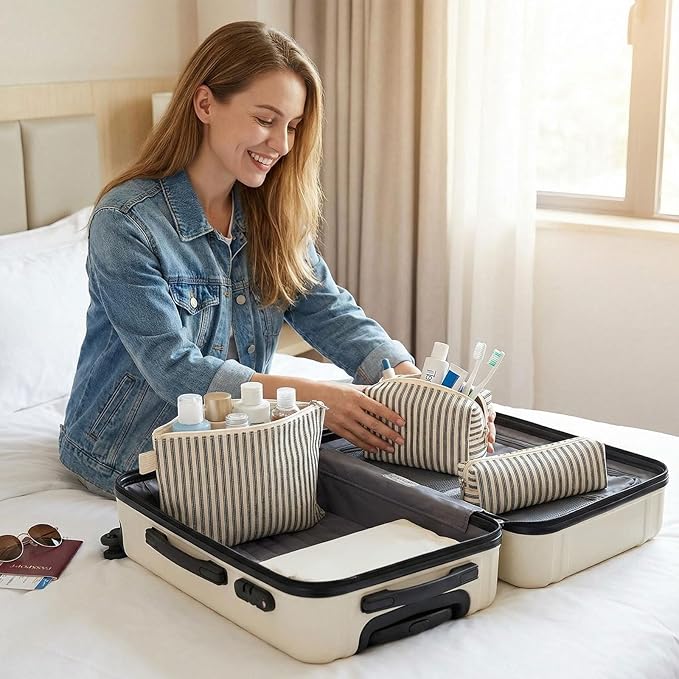 3 Pcs Canvas Makeup Bag Set Cosmetic Pouch for Women Travel Toiletry Bag Cute Makeup Organizer Purse Pouch Preppy Pencil Case with Zipper (Black Pinstripes)