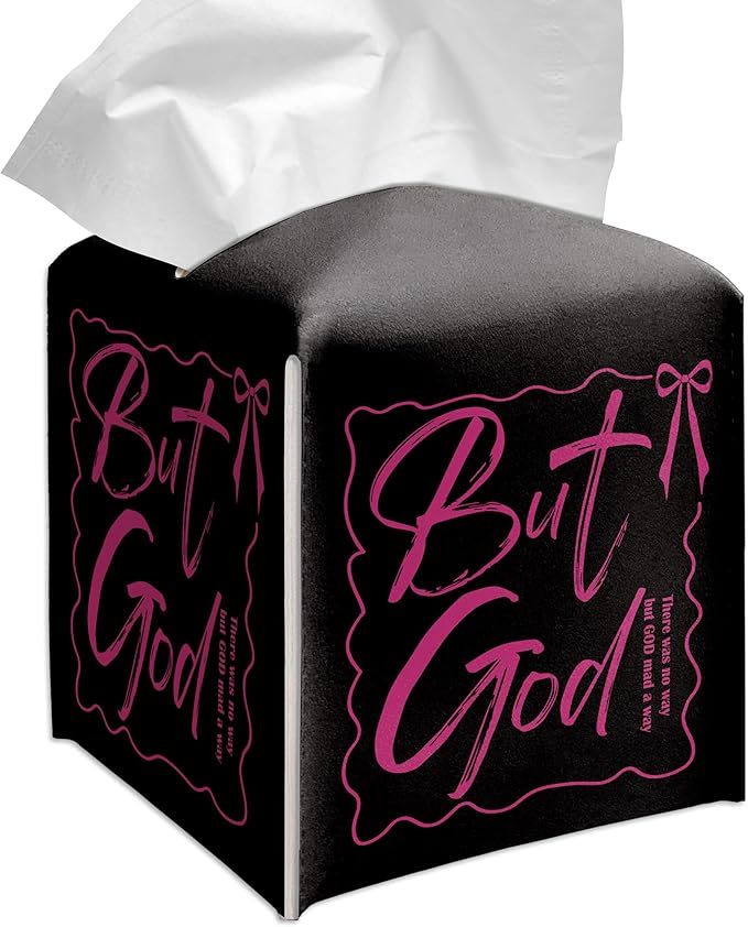 Grace Yonks Cute Tissue Box Cover Square - “But God” Christian Quote in Pink on Black Design 5.2" PU Leather Holder for Vanity, Desk, or Bathroom Counter - Cube Case for Facial Tissues(023)