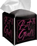 Grace Yonks Cute Tissue Box Cover Square - “But God” Christian Quote in Pink on Black Design 5.2" PU Leather Holder for Vanity, Desk, or Bathroom Counter - Cube Case for Facial Tissues(023)