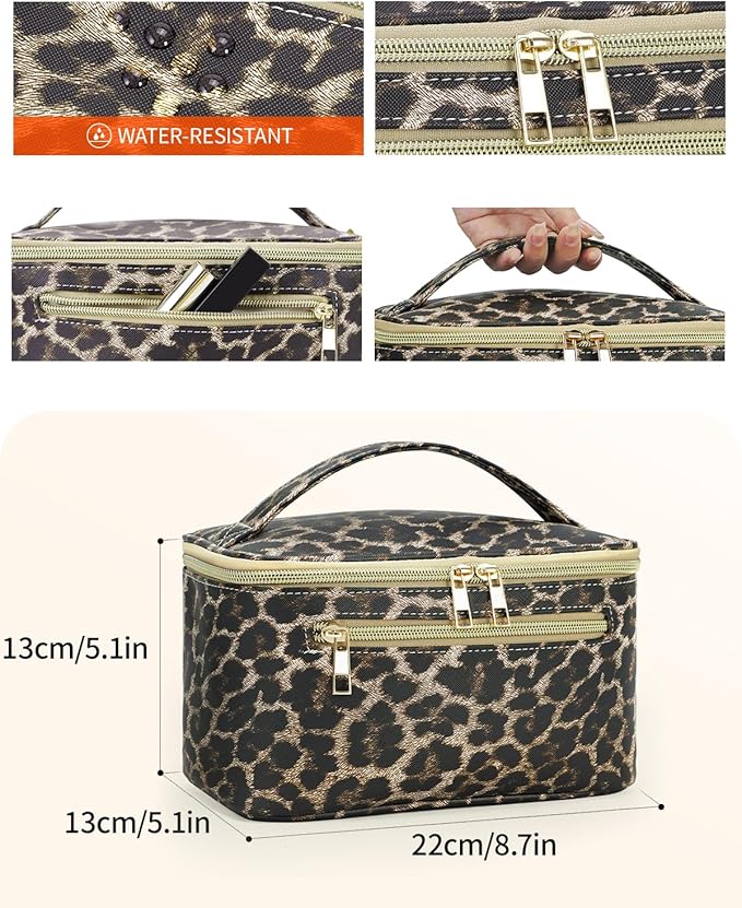 Wandering Nature Makeup Bag, Travel Make Up Organizer Cosmetic Brush Bags Case for Women in Vegan Leather, Leopard Print, Patent Pending