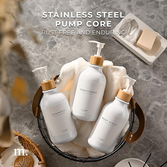 MaisoNovo Refillable Shampoo and Conditioner Bottles - 16.9 fl oz Set of 3 White Plastic Bottles White Bamboo Pumps