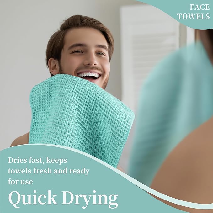Microfiber Waffle Face Towels, 4 Pieces, Soft, Absorbent, Fast Drying, Lint Free 430 GSM (Turquoise)