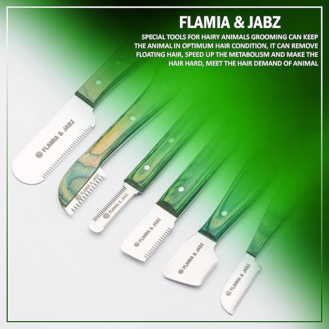 FLAMIA & JABZ FJ Professional Stripping Knife kit (6 pieces set) for Dogs & Pets, Wooden Handle Grip with Stainless Steel Blade (Right handed) (Green)