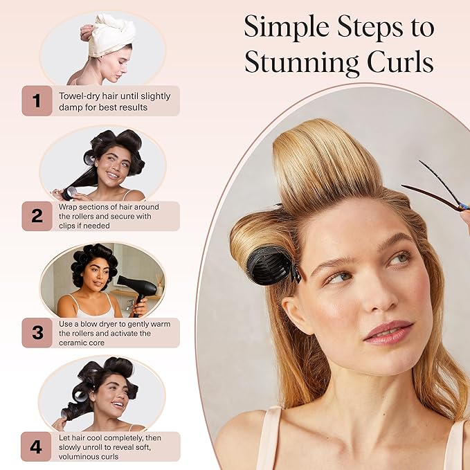 Kitsch Ceramic Thermal Hair Rollers for Women – Self Grip Hair Curlers for Heatless Curls Overnight, Long Lasting Frizz-Free Curls Volumizing Large Rollers for All Hair Types - Black, 8pcs