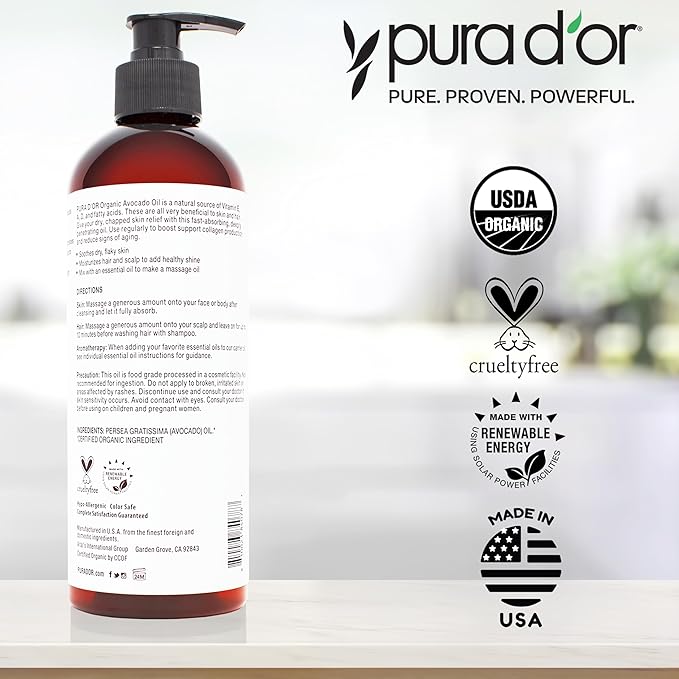 PURA D'OR 16 Oz ORGANIC Avocado Oil-100% Pure&Natural USDA Certified Cold Pressed Carrier Oil For DIY Beauty,Non-Greasy,Unscented,Hexane Free Liquid Moisturizer-Face Skin&Hair-Men-&Women,(Pack of 2)