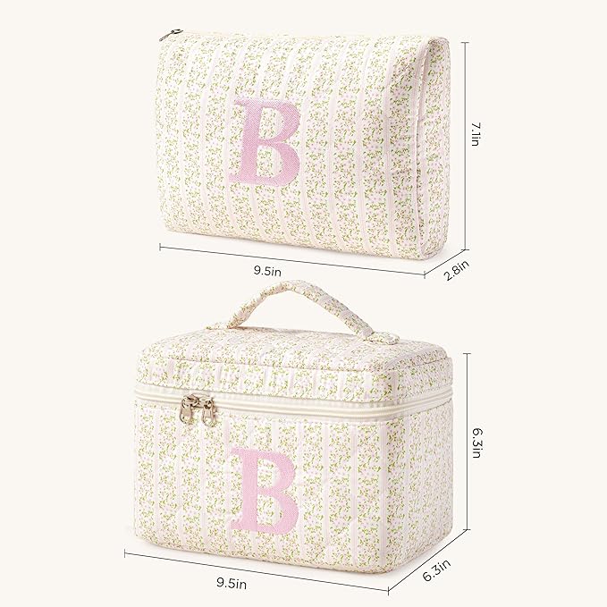HBselect 2Pcs Initial Quilted Makeup Bag, Pink Cosmetic Travel Toiletry Bag, Flowers Coquette Zipper Make Up Pouch Organizer Teen Girl Gift Trendy Stuff B